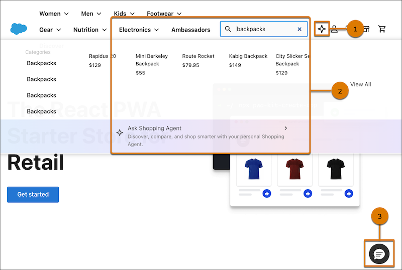 Opciones de ubicación de lanzamiento de Shopper Agent para los storefronts de PWA Kit