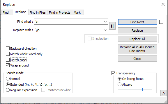 Notepad++ 바꾸기 창