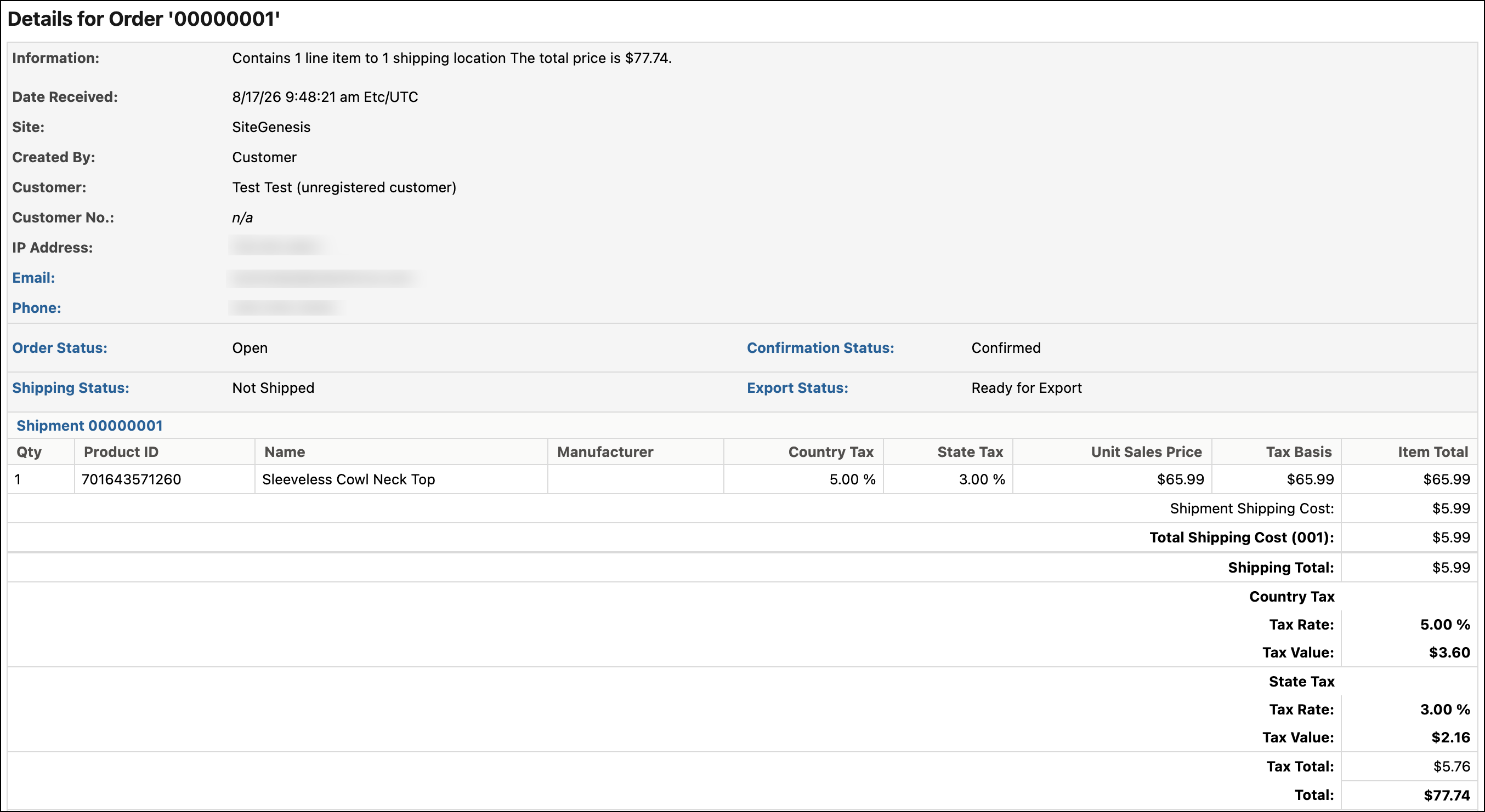 Order line item showing a breakdown of multiple tax levels