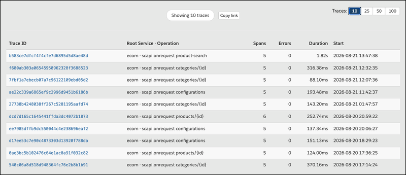 Traces results table listing trace ID, root service and operation, span count, error count, duration, and start time for each matching trace.