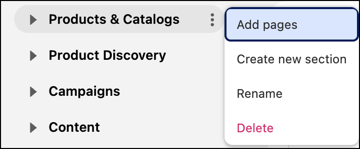 Menu with Add Pages, Create New Section, Rename, and Delete options