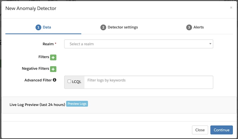 Anomaly Detection wizard in Log Center