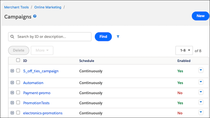 List of B2C Commerce campaigns on the main campaign page
