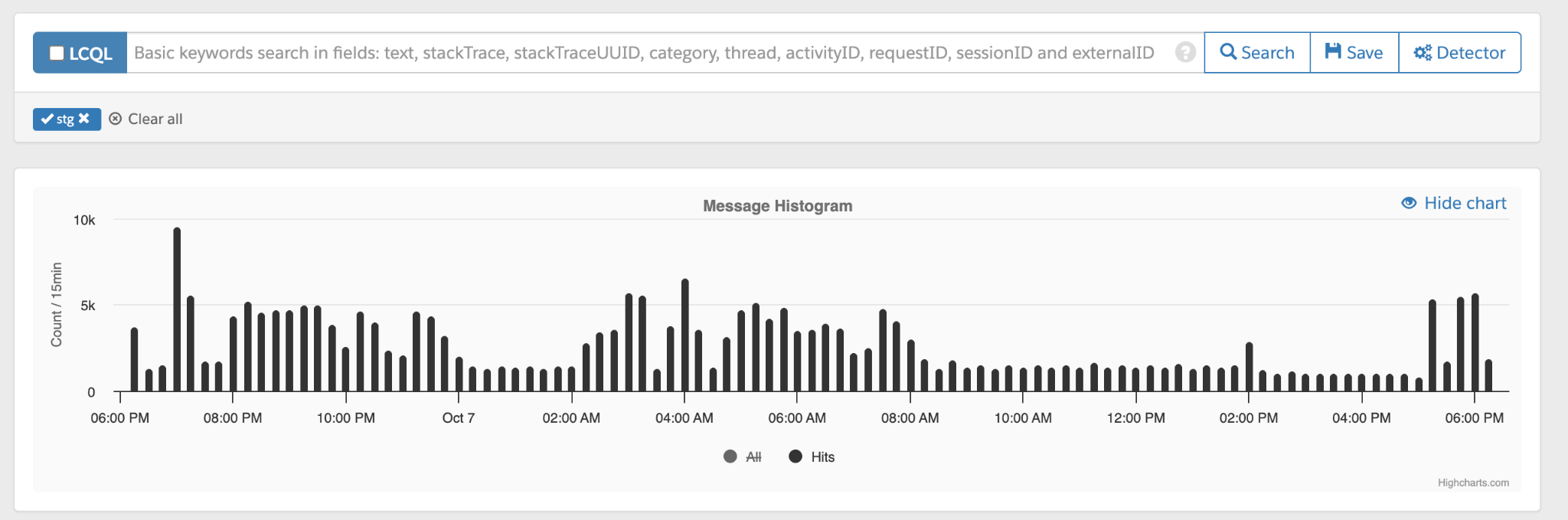 Log Center search results with the Detector button
