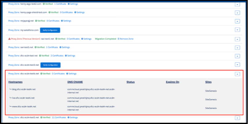 Verify hostnames appear with eCDN settings.