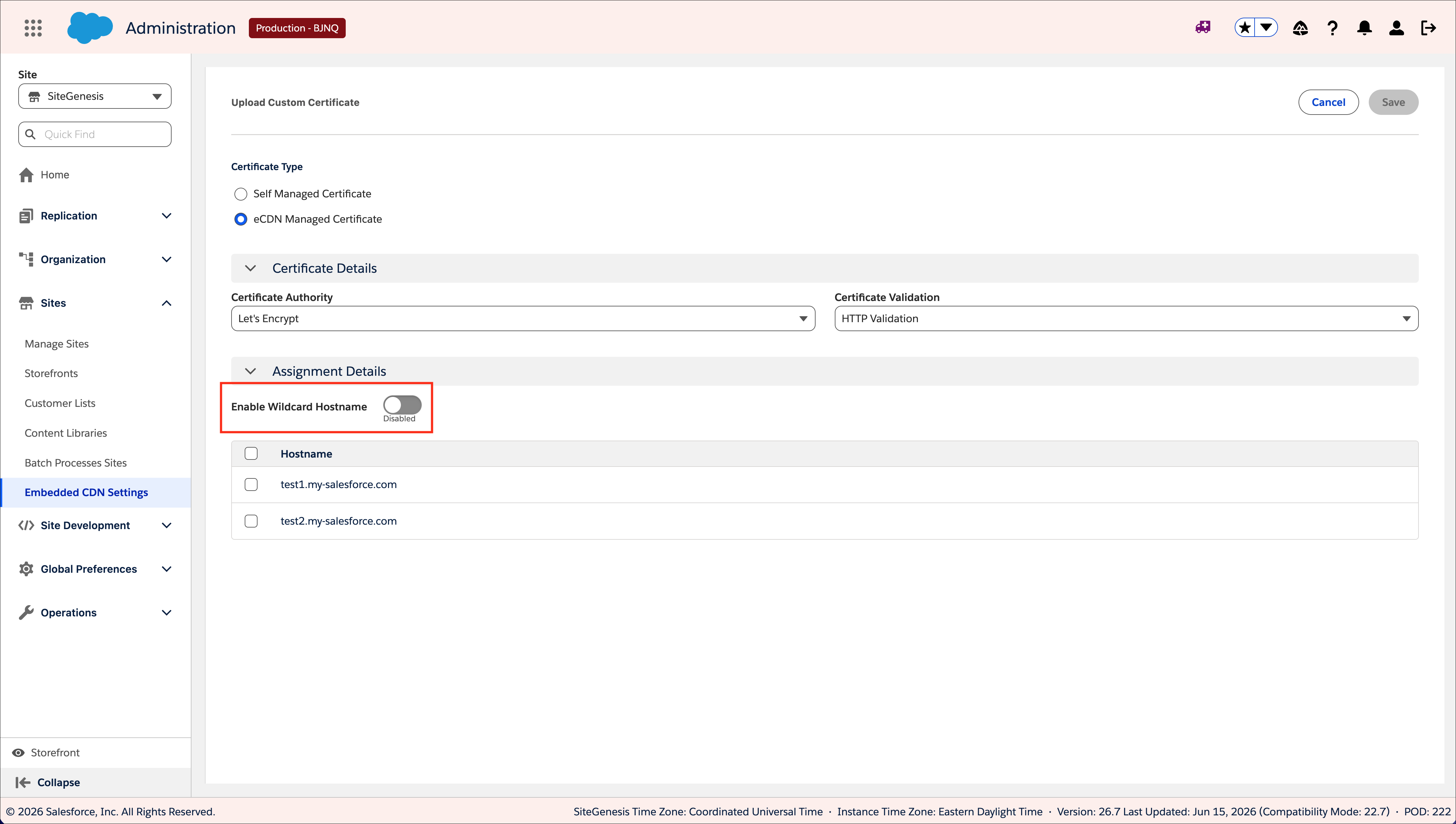 Upload Custom Certificate dialog with eCDN Managed Certificate selected and Enable Wildcard Hostname highlighted