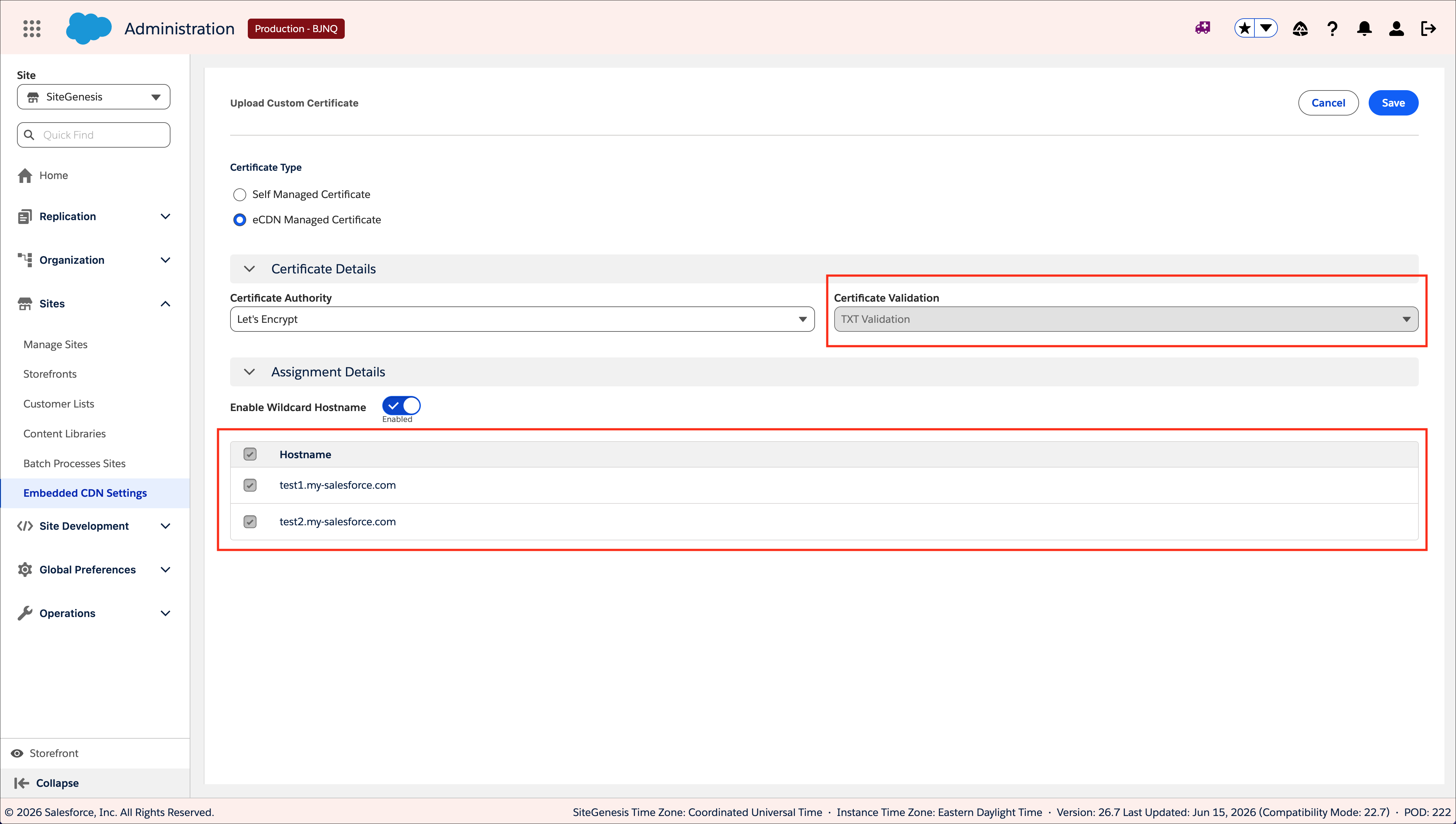 Upload Custom Certificate dialog with TXT Validation and wildcard hostname enabled