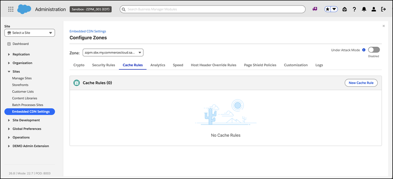 Cache Rules tab in Configure Zones with no cache rules configured and the New Cache Rule button