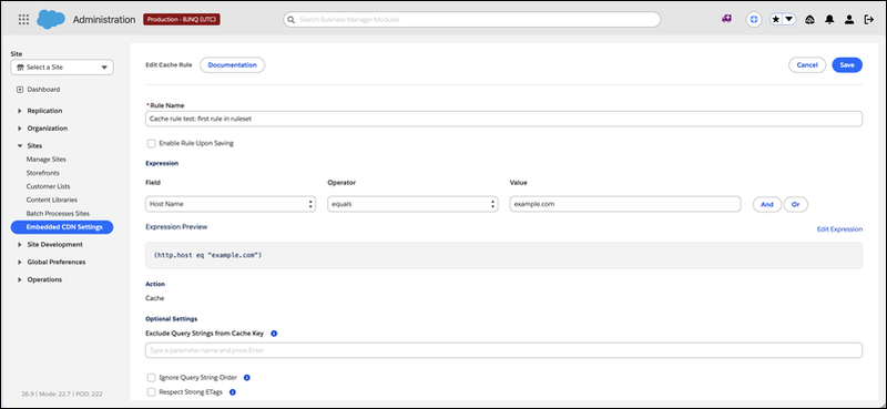 Edit Cache Rule form showing the rule name, expression builder, expression preview, cache action, and optional cache key settings