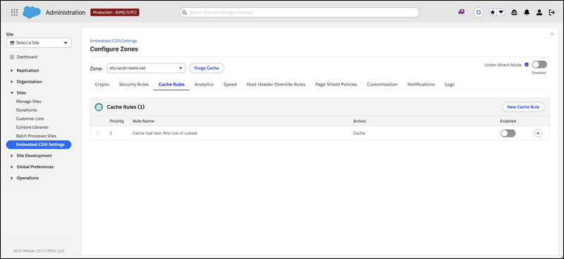 Saved cache rule listed on the Cache Rules tab with its priority, action, and enabled status