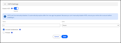 HSTS Settings section showing enabled state, time value and unit, Include Subdomains, Preload options, and Save and Cancel actions.