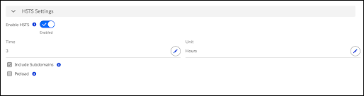 HSTS Settings showing the enabled toggle and edit icons for time and unit fields in the Crypto tab.