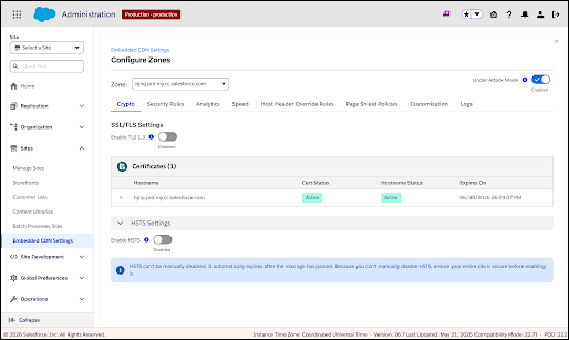 Configure Zones Crypto tab showing SSL/TLS Settings, Certificates list, HSTS Settings, and the Under Attack Mode toggle in the header.
