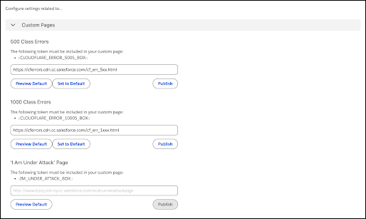 Custom Pages section showing 500 Class Errors, 1000 Class Errors, and I am Under Attack page URL fields with Preview Default, Set to Default, and Publish actions.