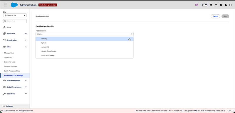 New Logpush Job wizard Destination Details screen showing destination dropdown with options for Datadog, Splunk, Amazon S3, Google Cloud Storage, and Azure Blob Storage
