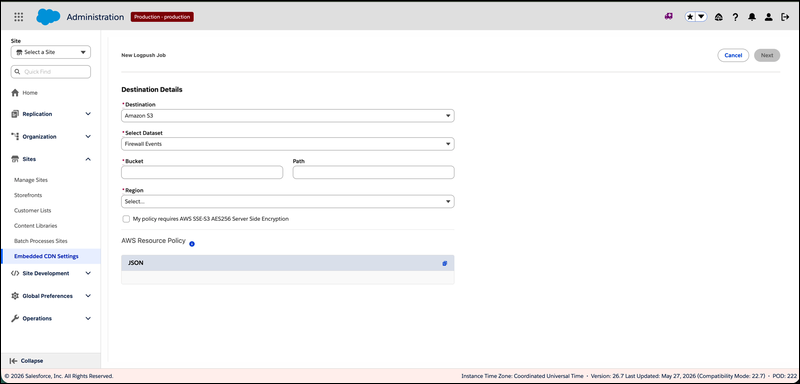 New Logpush Job Amazon S3 Destination Details showing Bucket, Region dropdown, Path, SSE-S3 encryption checkbox, and AWS Resource Policy JSON section