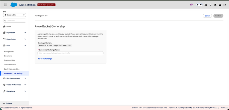 Prove Bucket Ownership dialog showing challenge filename ownership-challenge-c6c1dd02.txt, Ownership Challenge Token input field, and Resend Challenge link
