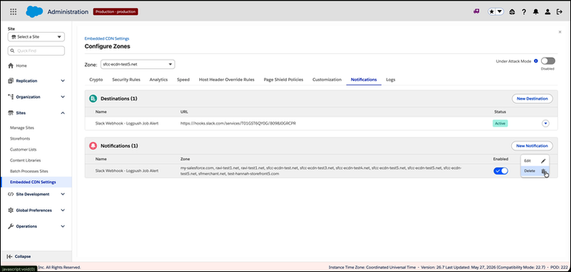 Notifications table showing a notification rule Slack Webhook - Logpush Job Alert with zone list and Enabled toggle, with actions menu expanded displaying Edit and Delete options