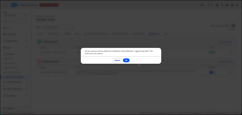 Delete confirmation dialog with message Are you sure you want to delete the notification Slack Webhook - Logpush Job Alert? This action can't be undone, with Cancel and OK buttons