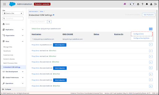 Embedded CDN Settings page showing a zone row actions menu with Configure Zone and Configure Routing Rules options.