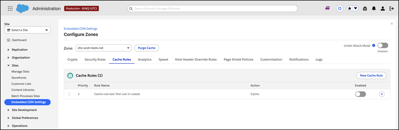 Configure Zones Cache Rules tab with the Purge Cache button next to the zone selector