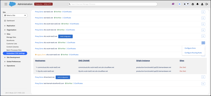 Embedded CDN Settings zone list with Configure Zone selected from the zone actions menu