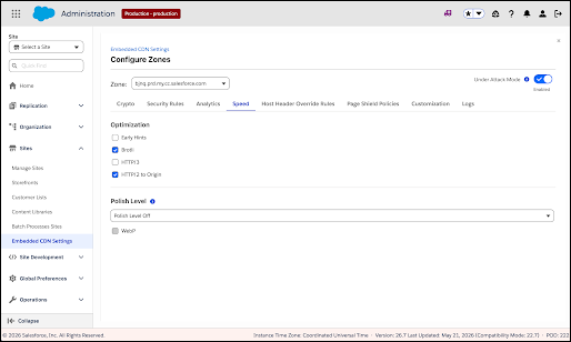Configure Zones Speed tab showing optimization toggles for Early Hints, Brotli, HTTP/3 and HTTP/2 to Origin, plus Polish Level and WebP options.