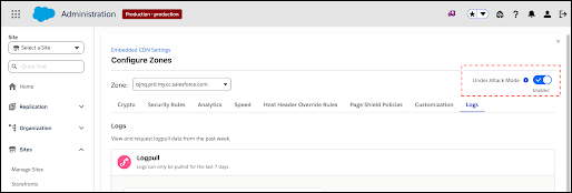 Configure Zone header showing the Under Attack Mode toggle at the top right above zone tabs.