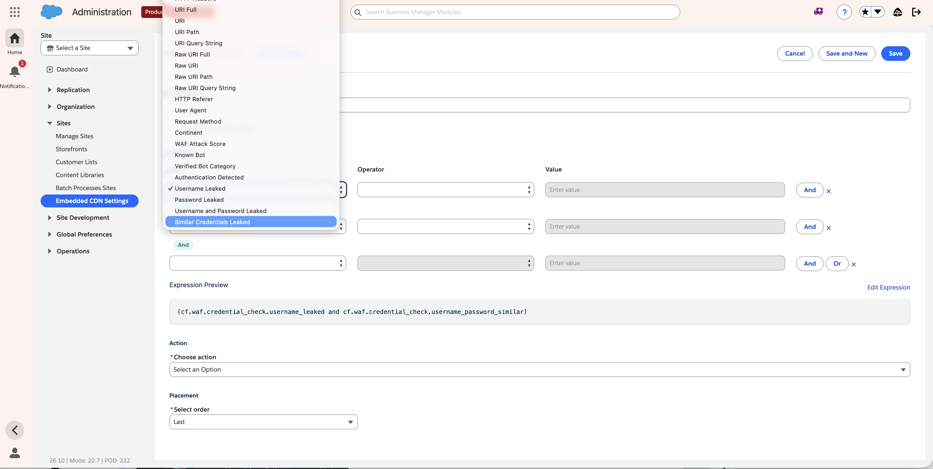 Field dropdown on a custom firewall rule showing Known Bot, Verified Bot Category, Authentication Detected, Username Leaked, Password Leaked, Username and Password Leaked, and Similar Credentials Leaked