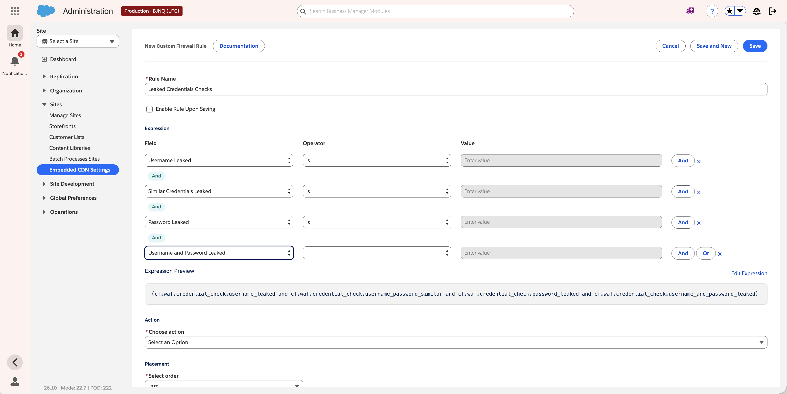 New Custom Firewall Rule named Leaked Credentials Checks with Username Leaked, Similar Credentials Leaked, Password Leaked, and Username and Password Leaked joined by And, and Value fields empty