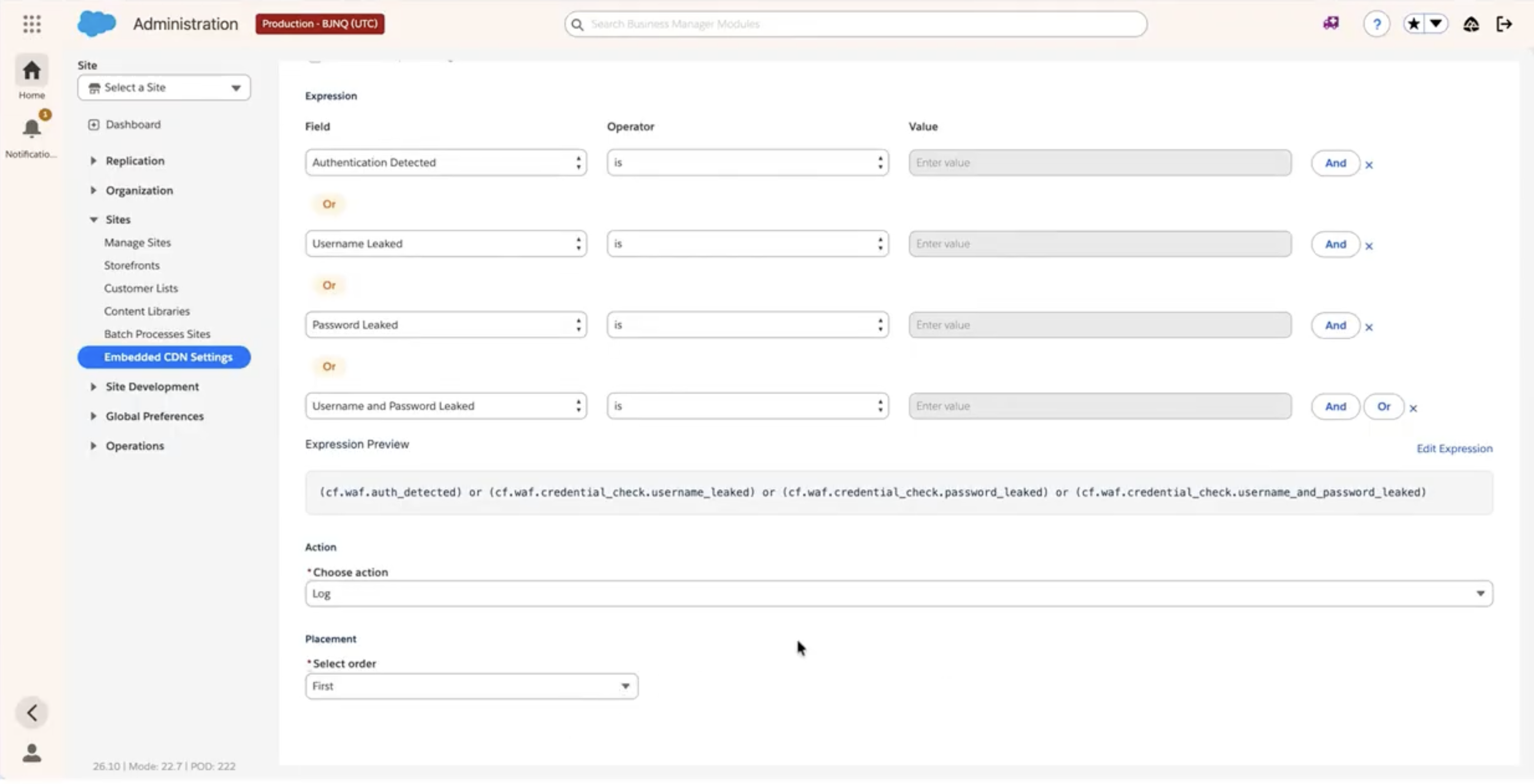 Custom firewall rule expression joining Authentication Detected, Username Leaked, Password Leaked, and Username and Password Leaked with Or, Value fields empty, and the Log action