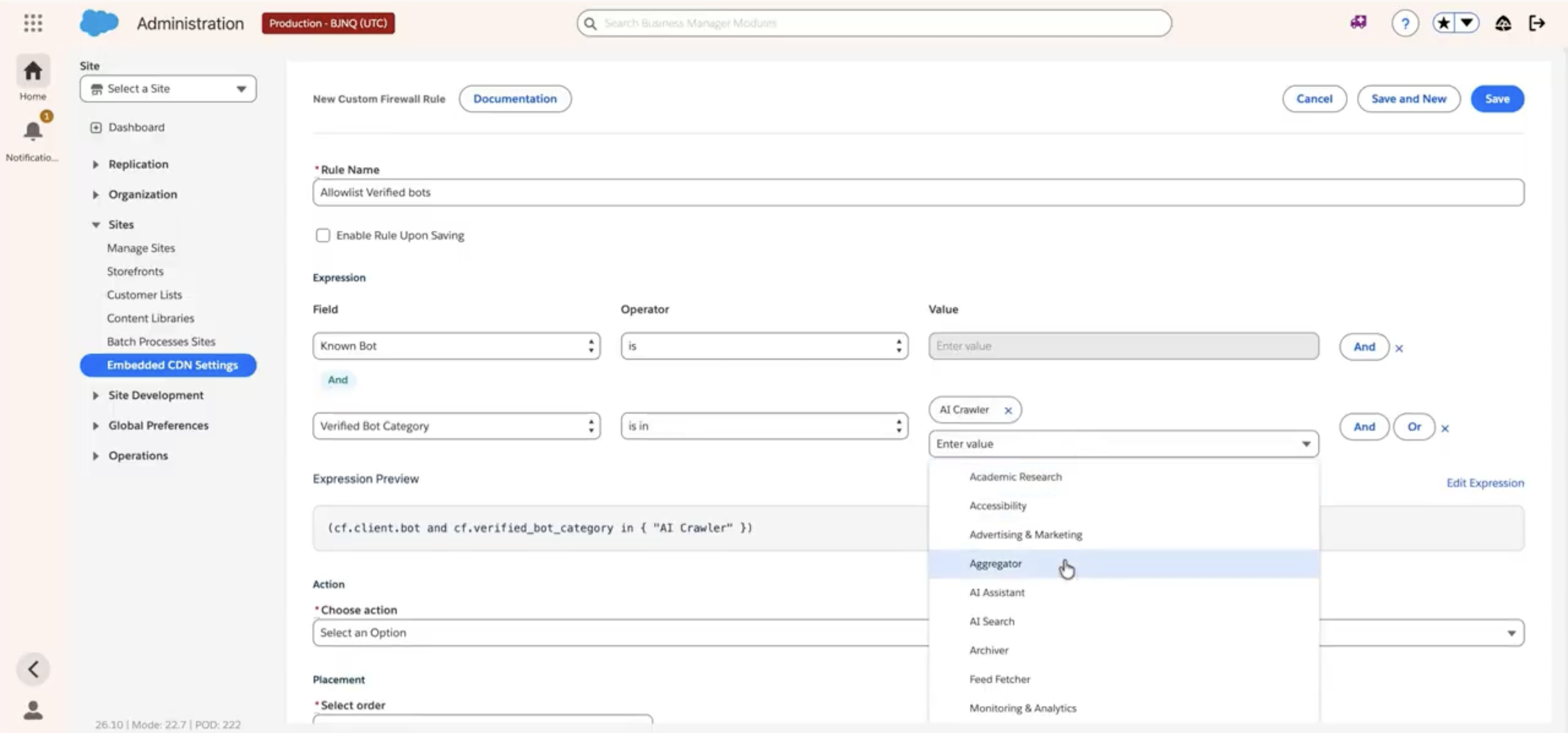 New Custom Firewall Rule with Known Bot set to is and Verified Bot Category set to is in, with AI Crawler selected and the Value dropdown listing additional verified-bot categories such as AI Search