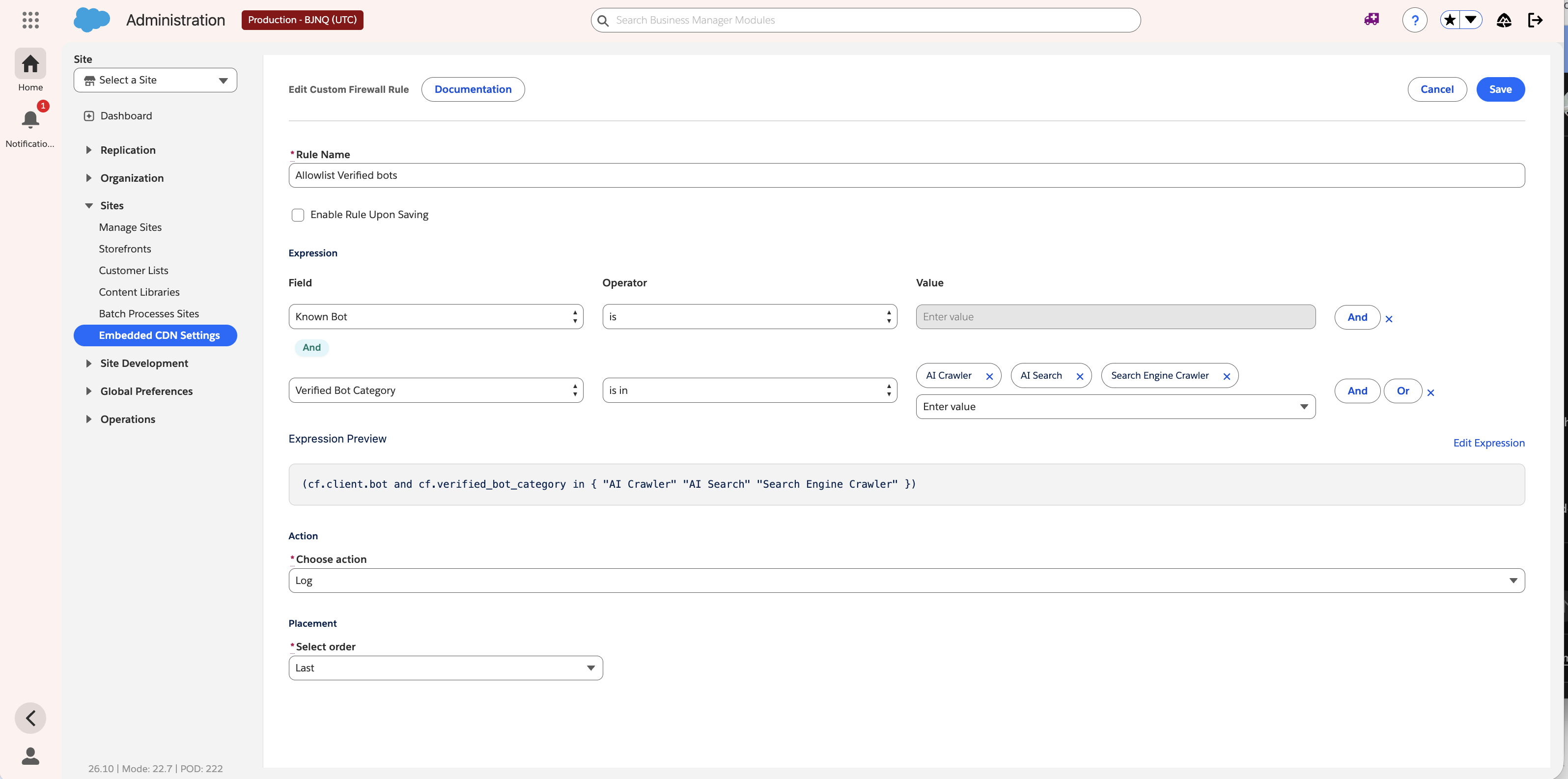 Completed custom firewall rule named Allowlist Verified bots that matches Known Bot and Verified Bot Category values AI Crawler, AI Search, and Search Engine Crawler, with the Log action