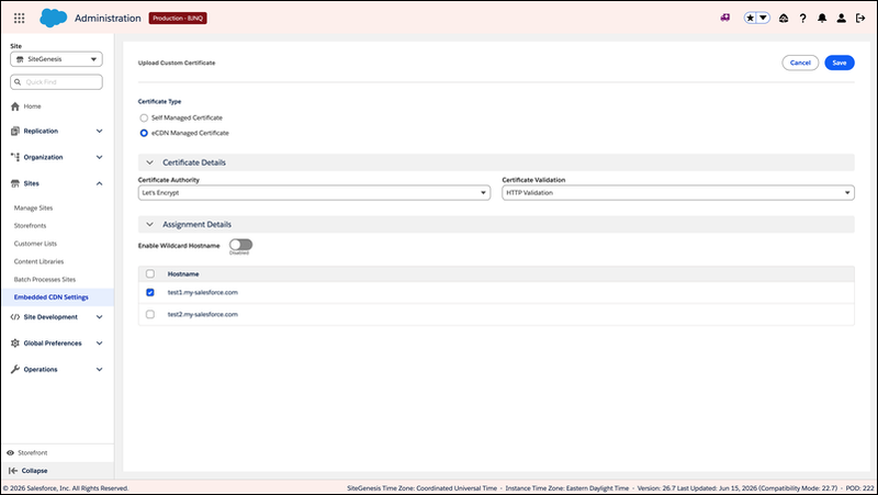 Upload Custom Certificate dialog with eCDN Managed Certificate selected, showing certificate details and assignment details