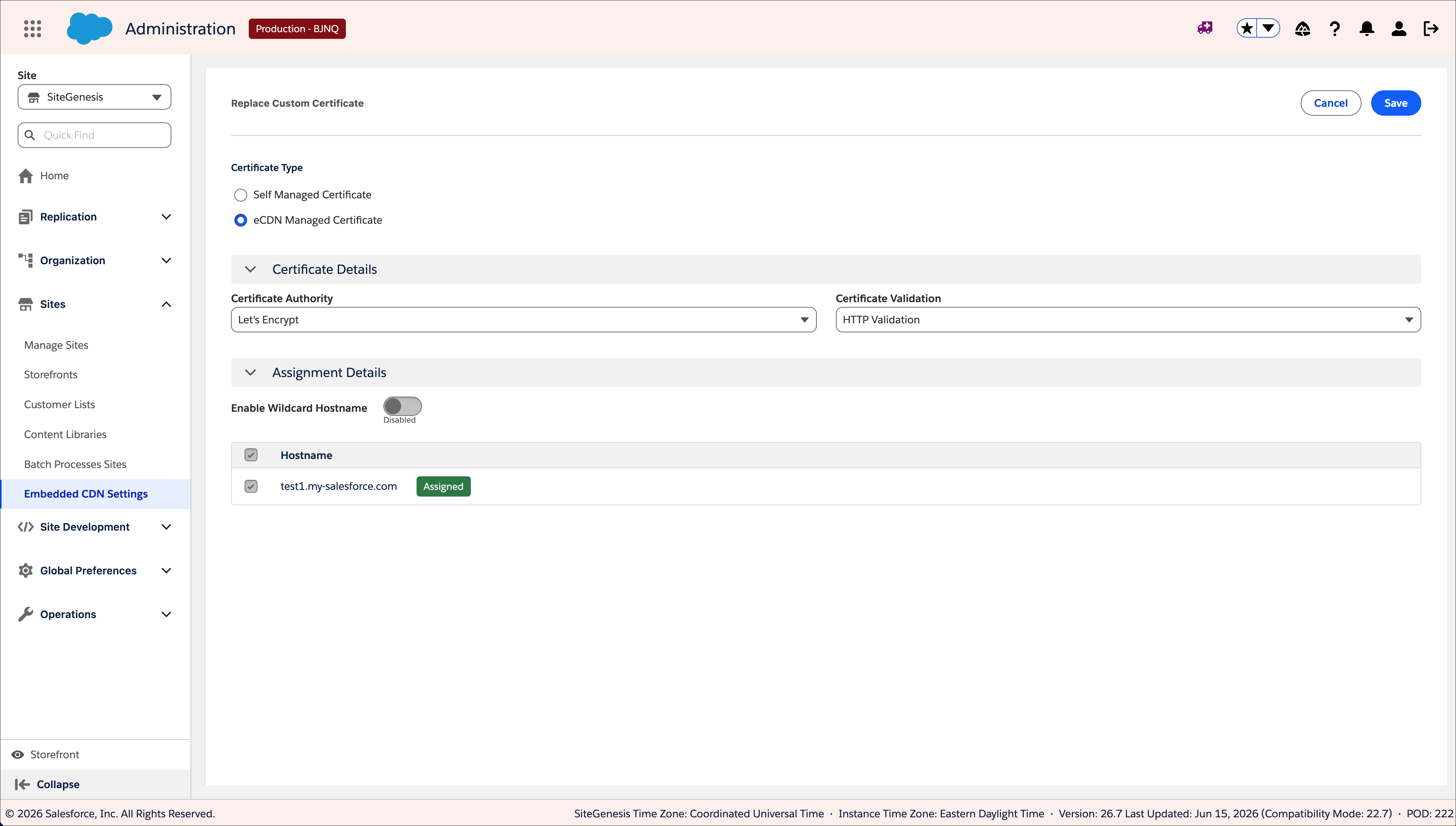 Replace Custom Certificate dialog with eCDN Managed Certificate selected, showing certificate details and assignment details for an assigned hostname