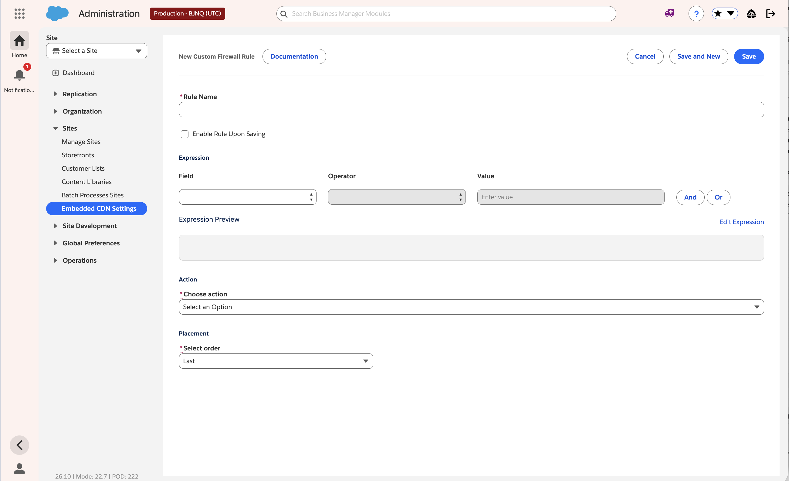 New Custom Firewall Rule form with Rule Name, Enable Rule Upon Saving, Field, Operator, Value, Choose action, Placement, Select order, and Save