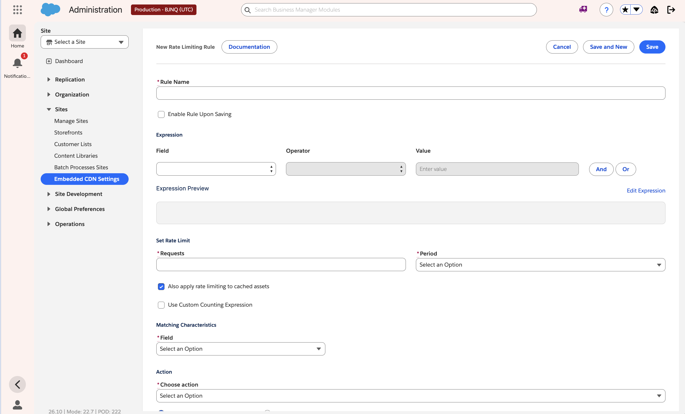 New Rate Limiting Rule form with Rule Name, Field, Operator, Value, Set Rate Limit, Also apply rate limiting to cached assets selected, Matching Characteristics, and Choose action