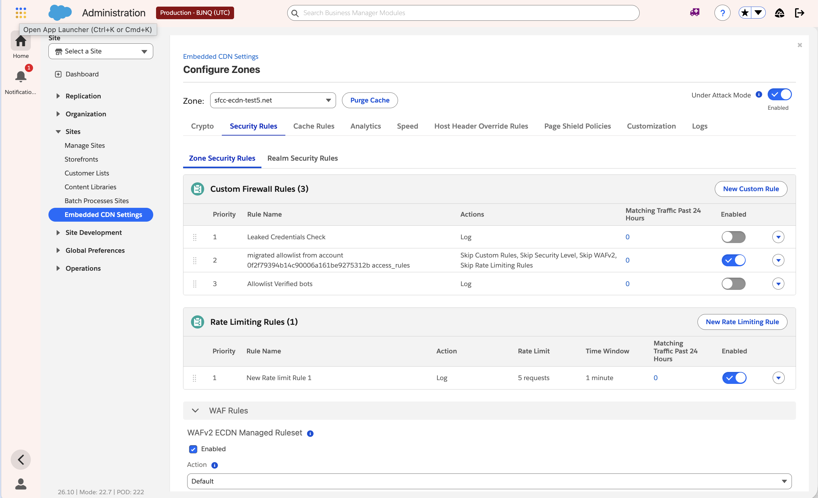 Security Rules tab showing Custom Firewall Rules with New Custom Rule and Rate Limiting Rules with New Rate Limiting Rule