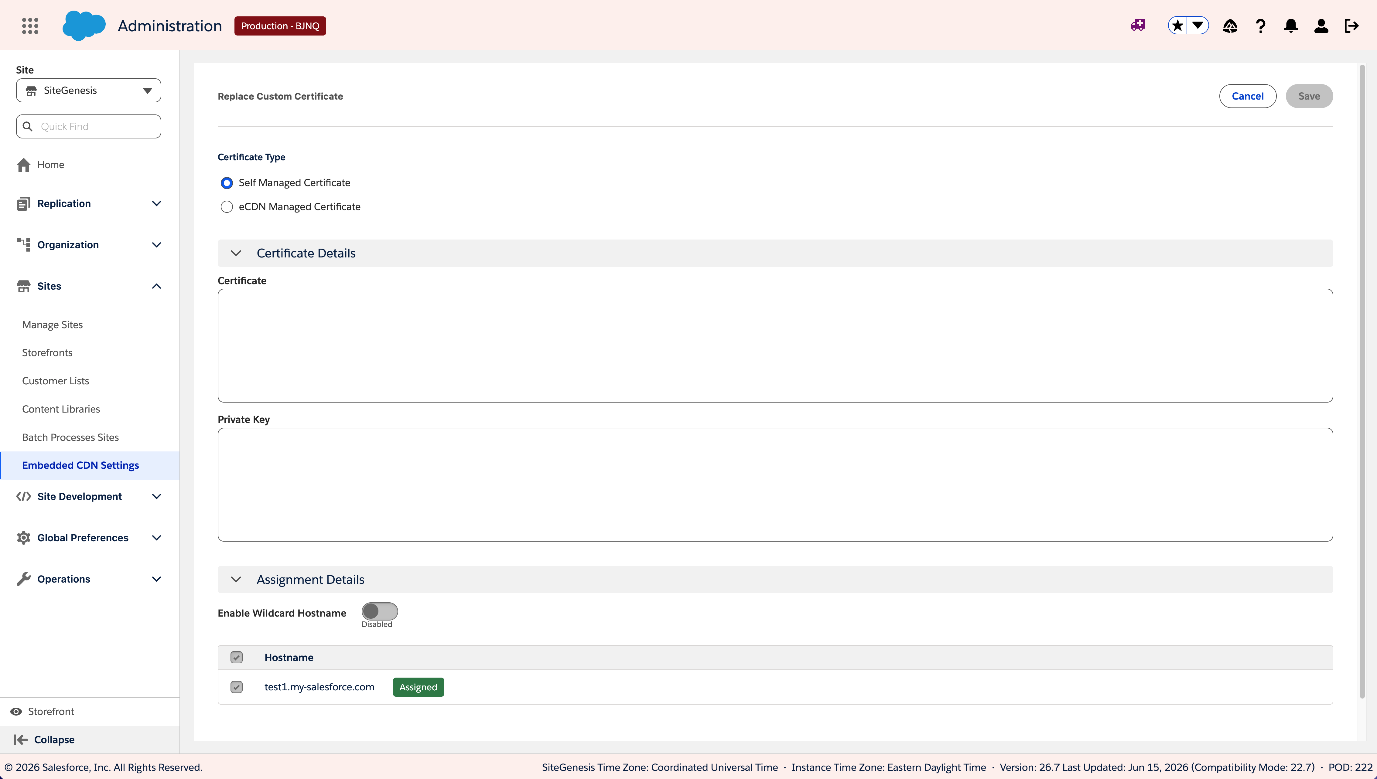 Replace Custom Certificate dialog with Self-Managed Certificate selected, showing certificate and private key fields with assigned hostname details