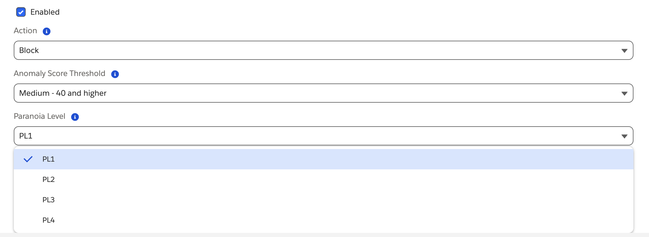 WAFv2 OWASP Managed Ruleset with Paranoia Level open to PL1, PL2, PL3, and PL4. Action is Block, and Anomaly Score Threshold is Medium, 40 and higher.