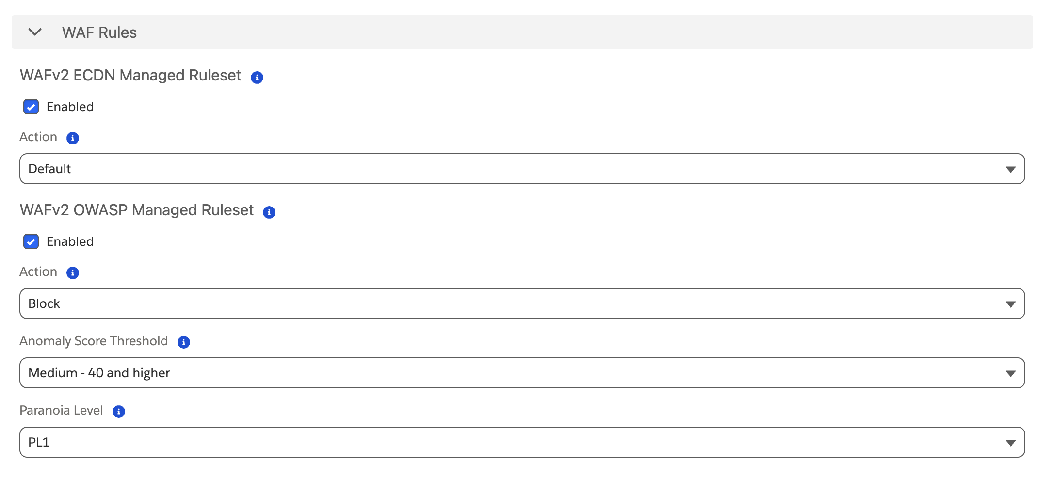 WAF Rules on a B2C Commerce 26.10 instance showing the WAFv2 eCDN Managed Ruleset and the WAFv2 OWASP Managed Ruleset, including Anomaly Score Threshold and Paranoia Level