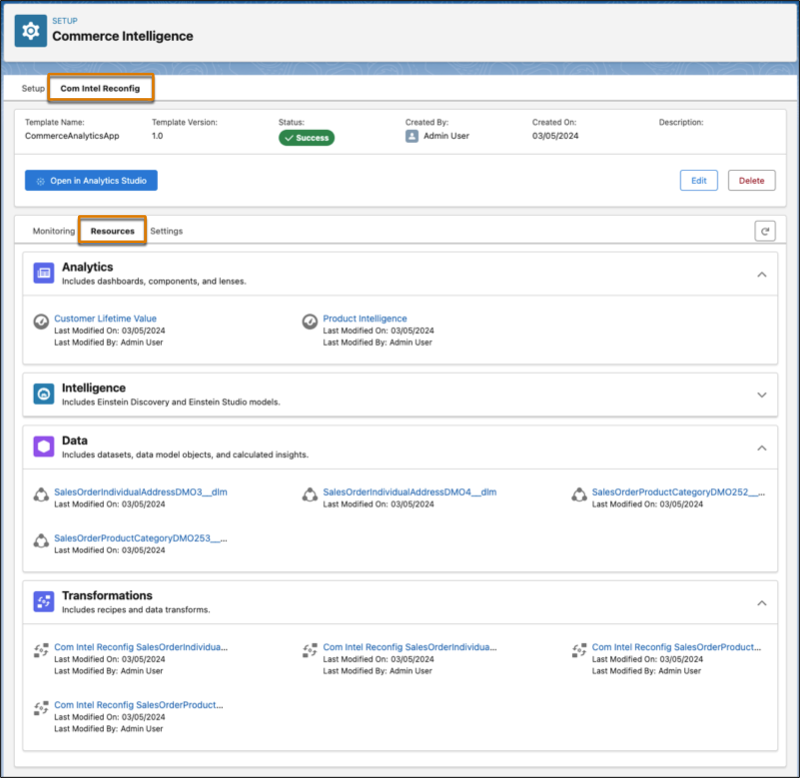 Image showing the resources tab of the Commerce Intelligence app.