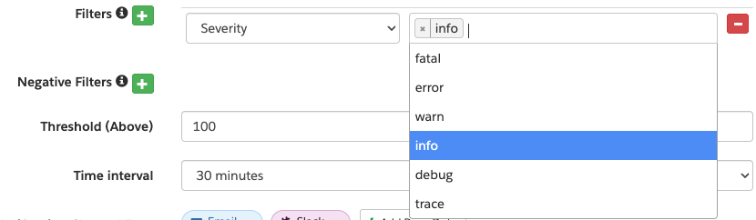 The alert filter value field for the Severity category showing a dropdown of previously seen values—fatal, error, warn, info, debug, and trace—with info highlighted.