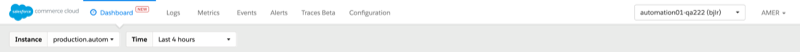 Log Center header with Dashboard selected, and Instance and Time filters for a production instance over the last 4 hours.