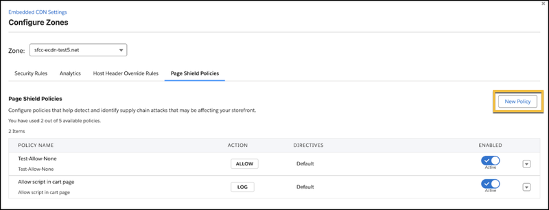 Page Shield Policies tab in Business Manager Embedded CDN Settings