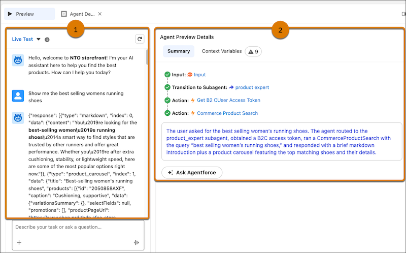 B2C Shopper Agent test in Agentforce Builder