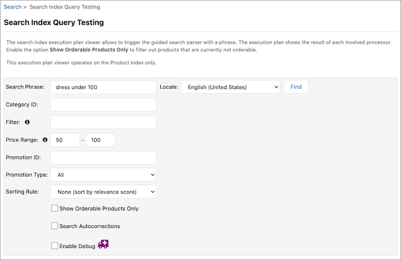 Settings screen for Search Index Query Testing.