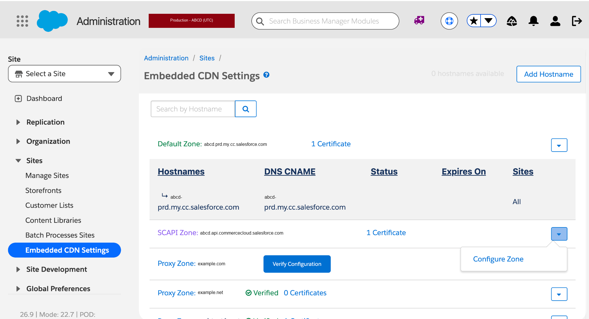 Lista de zonas de Configuración CDN incrustada con una fila de zona SCAPI, su nombre de host gestionado por la plataforma, conteo de certificados, acción Configurar zona y 0 nombres de host disponibles.
