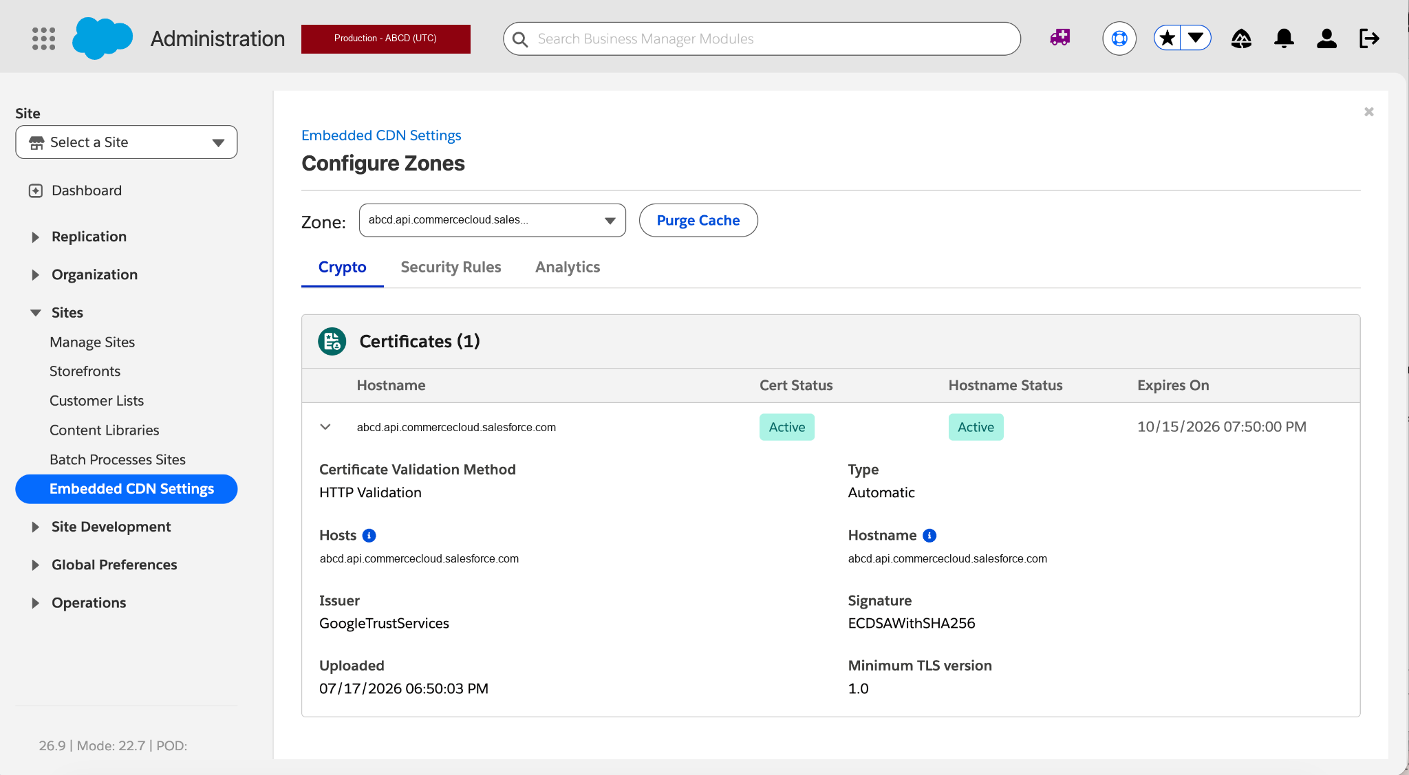 Configurez des zones pour une zone SCAPI à l’aide des onglets Crypto, Règles de sécurité et Analyse, ainsi que d’un bouton Purger le cache. L’onglet Crypto affiche un tableau Certificats en lecture seule avec le nom d’hôte, l’état du certificat et son expiration.