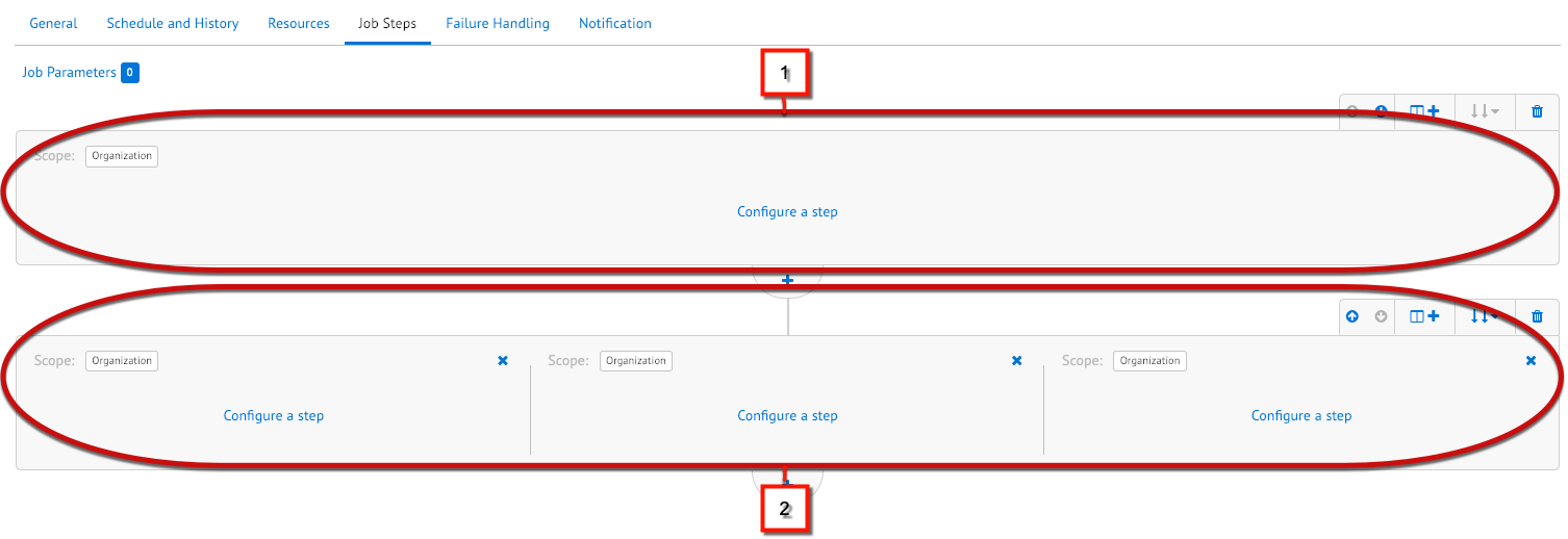 1 つの順次フロー (1) と複数の同位フロー (2) のためのステップを構成するボタンを含む、Business Manager UI でのジョブフロー。